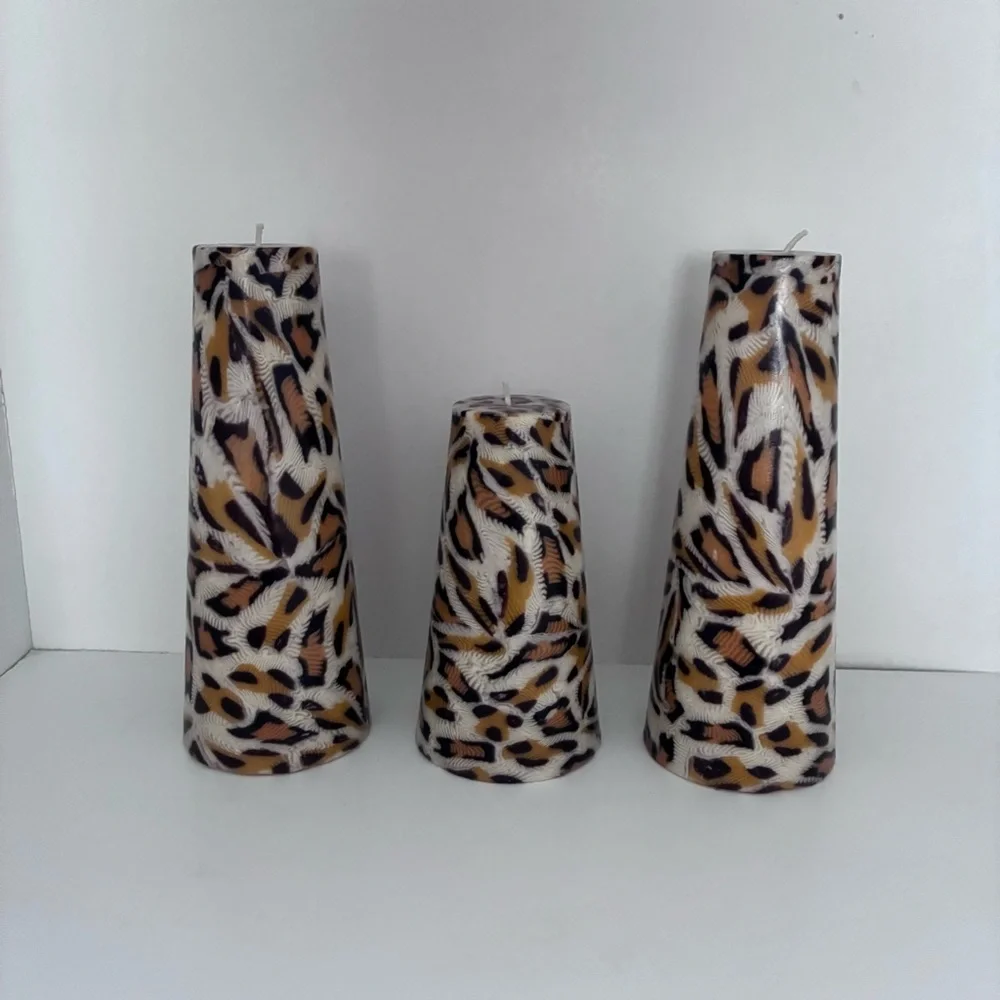 3 UNSCENTED Animal Print Candles Leopard Print: cone shape